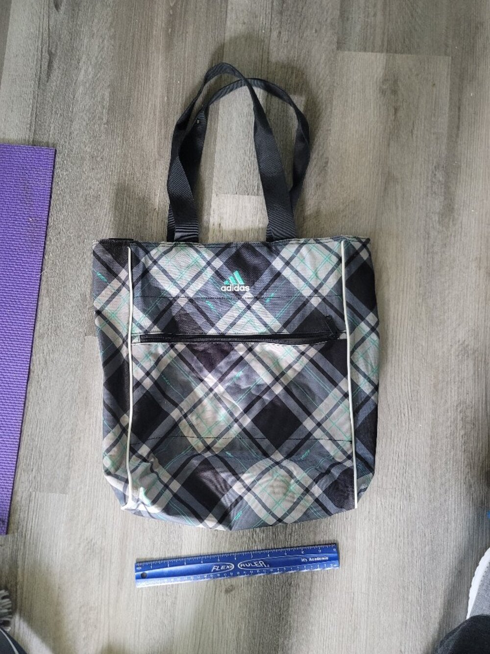 Womens large black, grey, and teal plaid adidas tote bag - has damage